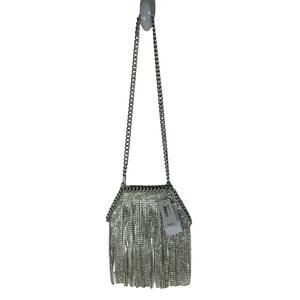 NWT Jessica McClintock Chrissy Silver Curtain Rhinestone Fringe Clutch